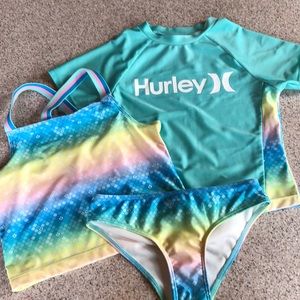 Hurley mermaid size 6x three piece set swimsuit & rash guard